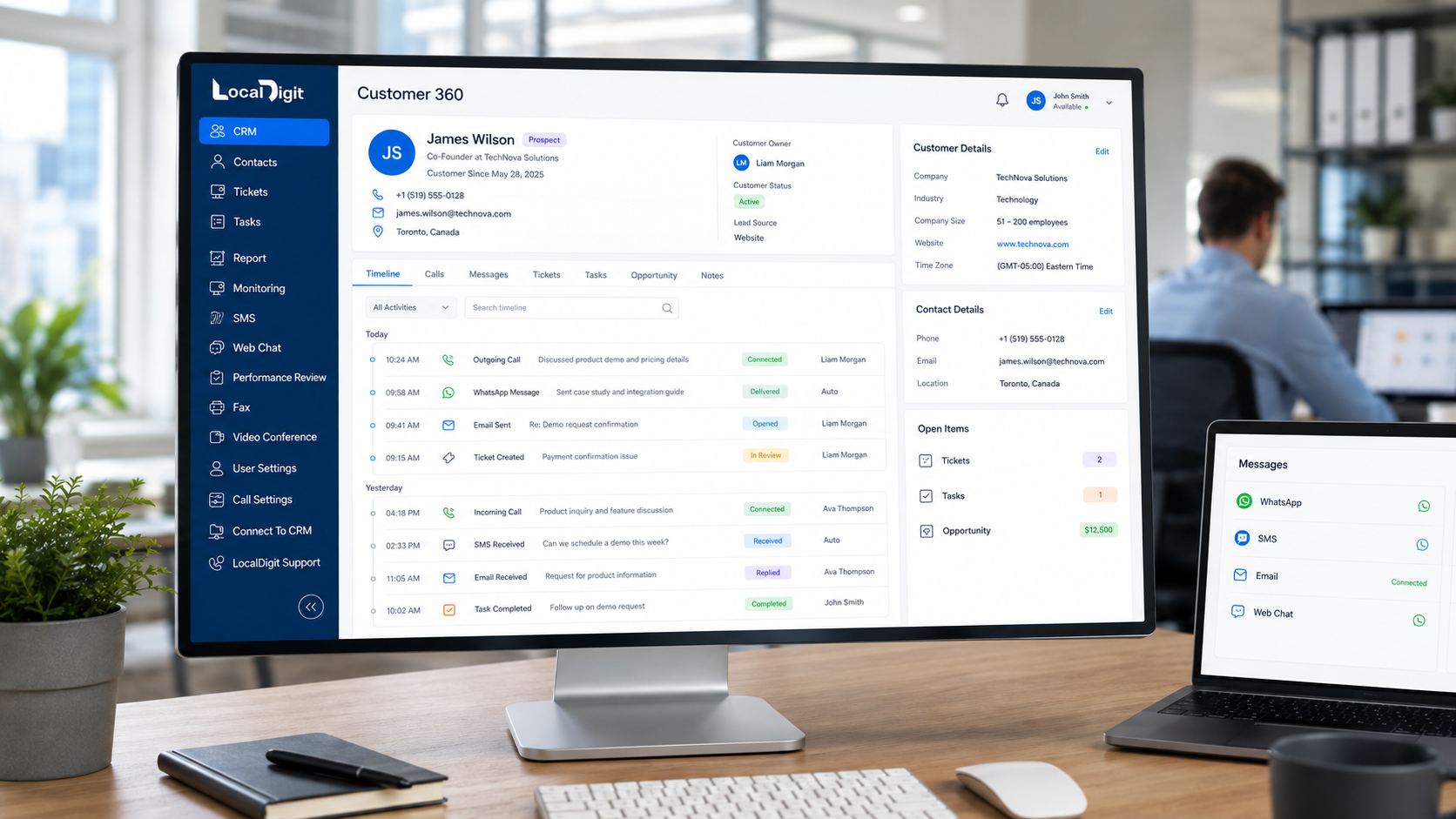LocalDigit customer workspace with conversations, contacts, recent activity, and pipeline
