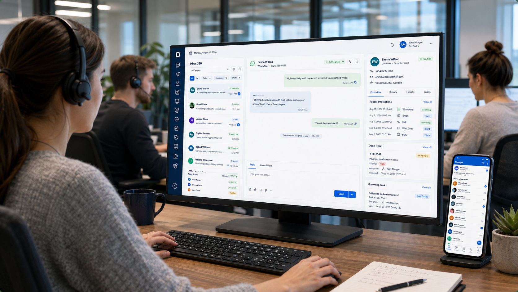 LocalDigit wallboard showing queue demand, agent status, service level, and survey score